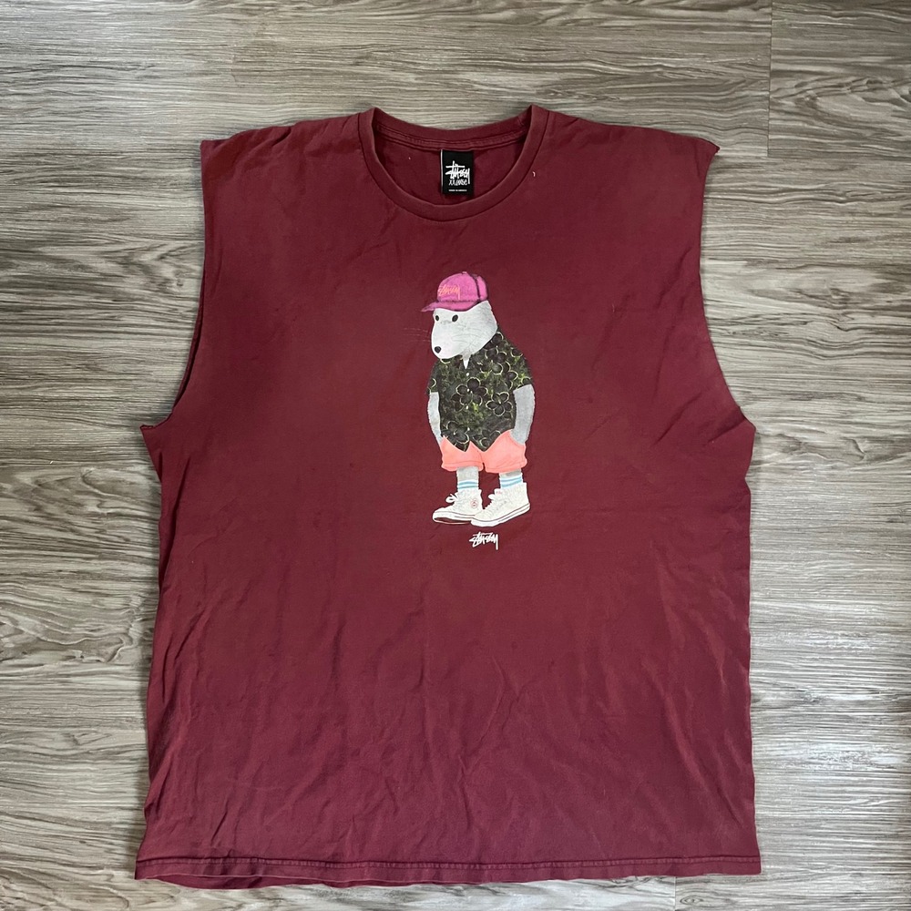 Men's Vintage Y2K Rat Graphic Muscle Tee Burgundy Red Sleeveless Shirt XXL
